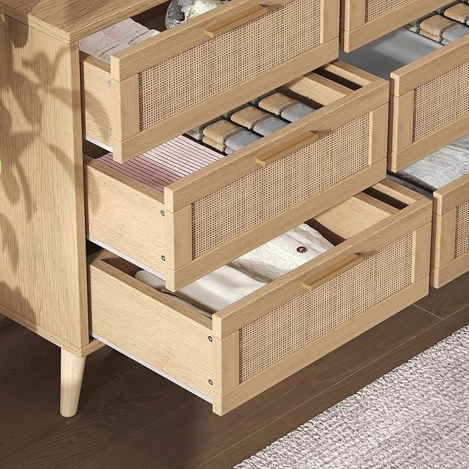 Rovaurx 9 Drawer Double Dresser for Bedroom, Rattan Chest of Dressers, Modern Wooden Dresser Chest with Golden Handles, Beside Table for Closet, Living Room and Entryway, Natural