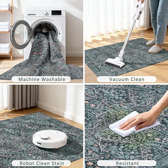 Washable Area Rug 9x12 Living Room Rug,Retro Green Rug for Dining Room Entryway Bedroom Farmhouse Nursery Home Office,Low Pile Stain & Slip Resistant Large Carpet for Bedroom