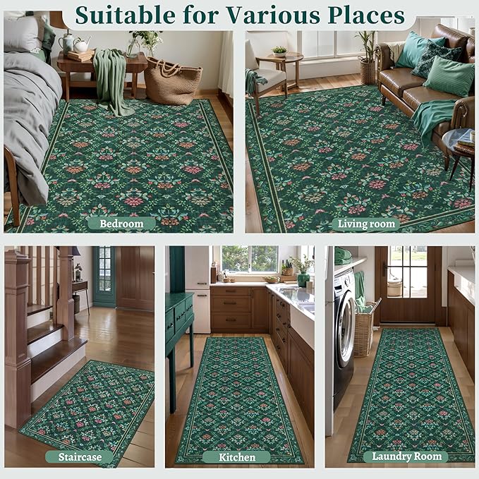 Tangsoo 5x7 Washable Area Rug, Non Slip Moroccan Trellis Green Floral Indoor Rug, Soft Low Pile Floor Carpet for Living Room, Bedroom, Dining Room, Pet & Child Friendly Room Decor, Easy to Clean