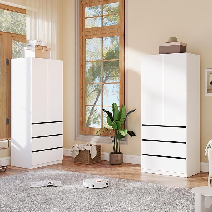 Armoire Wardrobe Closet with Drawers：75" Large White Wardrobe Closet Cabinet with 4 Doors for Hanging Clothes, Modern Wooden Bedroom Armoires with 6 Drawers and Storage (B+B, 63")