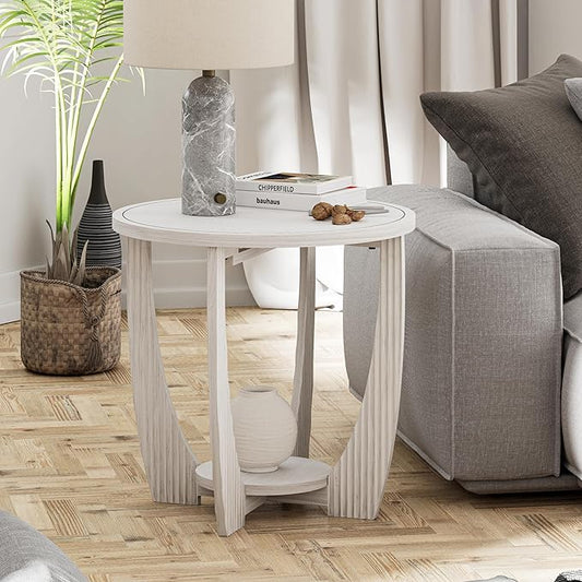 COZAYH Rustic Farmhouse end Table with Storage Shelf, French Country Accent Side Table for Family, Dinning or Living Room, Small Spaces, Modern, Round, White