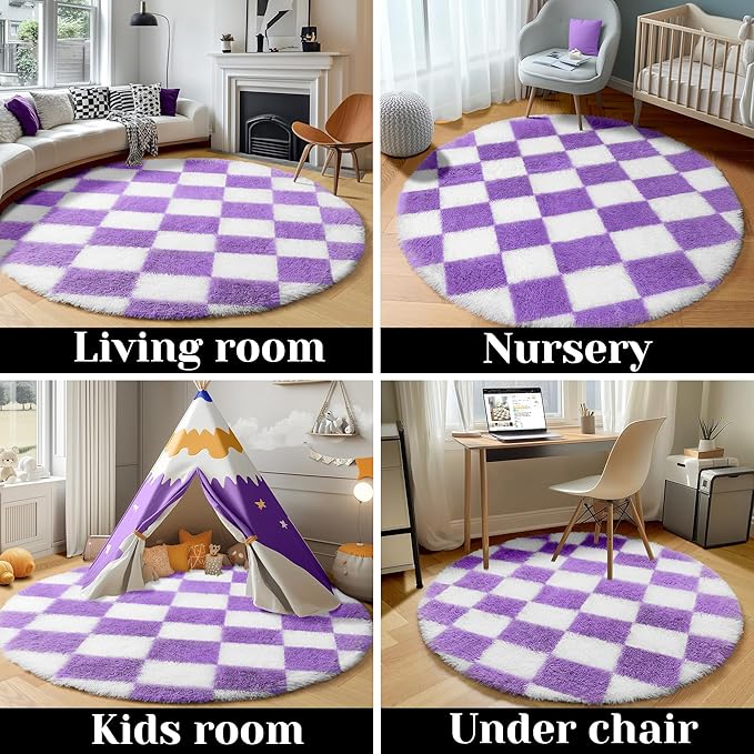 KICMOR Purple Round Rugs 5ft for Girls Bedroom, Fluffy Soft Checkered Circle Area Rug Cute Fuzzy Shag Shaggy Living Room Carpet, Indoor Plush Circular Rug for Kids Room Nursery Home Decor Aesthetic