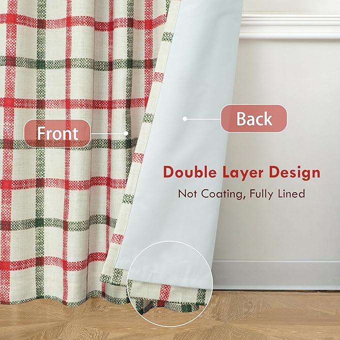 DriftAway 2 Panels 100% Blackout Windowpane Plaid Linen Curtains Double Layer Drapes for Bedroom 96 Inches Long Farmhouse Thermal Insulated 3.25 Inch Rod Pocket Back Tab for Living Room Red Green