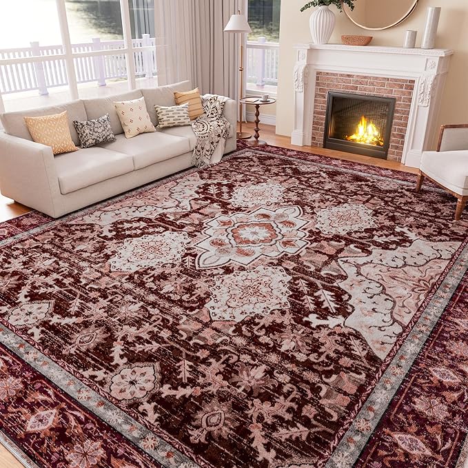 AMTOVO 6x9 Washable Area Rugs for Living Room, Non-Slip Boho Vintage Accent Medallion Print Pattern Carpet for Bedroom Dining Room Home Office Nursery Dorm Farmhouse, Vintage Red