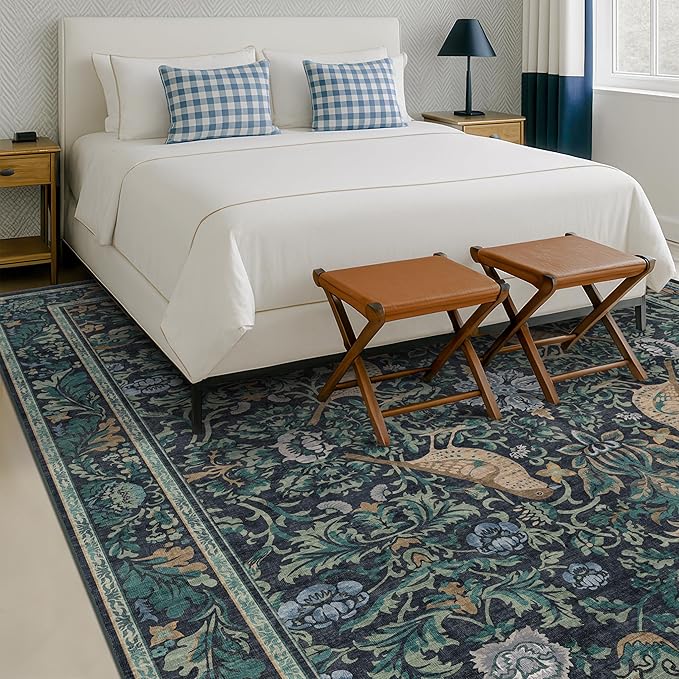 Boho Washable 8x10 Large Rugs for Living Room - Non Slip Dark Blue Botanical Rug for Dining Room Under Table, Low Pile & Soft Rugs for Bedroom Under Bed