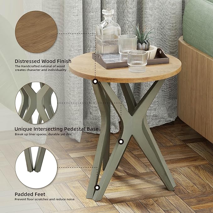 LONYKE Pedestal Farmhouse End Table Set of 2, Distressed Top with Tripod Base Bedside Table for Living Room, Modern, Boho, Round, Sage Green
