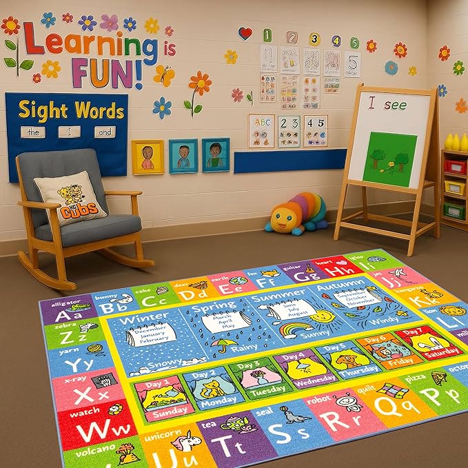 KC Cubs 8x10 ABC Alphabet, Seasons, Months & Days Rug – Educational Play Mat Carpet for Kids, Toddlers, Nursery, Classroom, Playroom, Baby Daycare