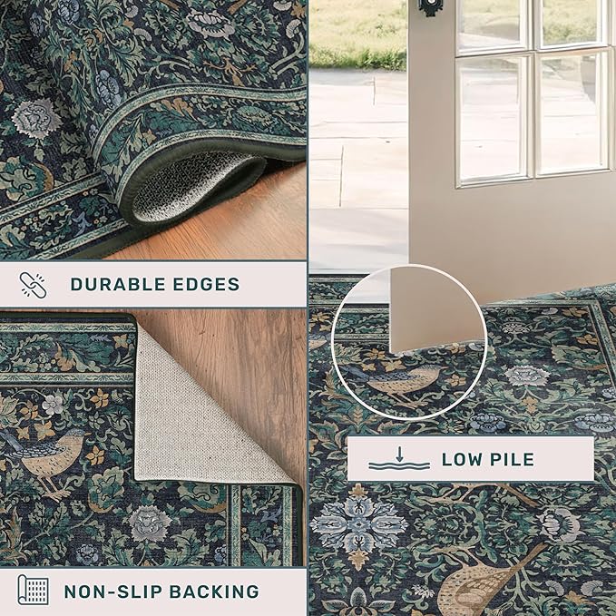 Traditional Washable Entryway Rugs, 3x4 Blue and Green Floral Kitchen Mat for Floor, Bedside, Rug for Laundry Room Floor Non Slip, Moody Stain Resistant Low Plie Carpet