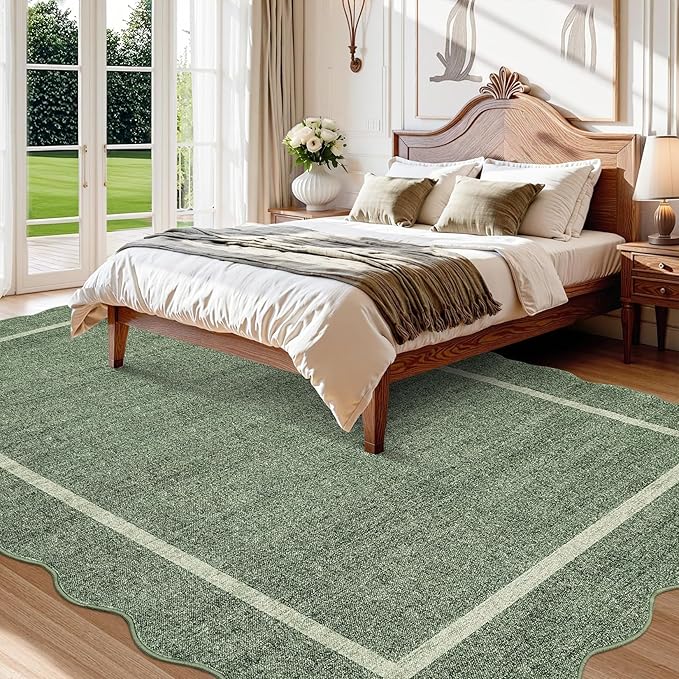 GarveeHome Scalloped 3x5 Area Rug Washable Rug for Entryway, Super Soft Entryway Rug Non-Slip, Printed Faux Wool Floral 3x5 Area Rug Thin Floor Carpet for Kitchen, Bedroom, Office, Living Room, Green