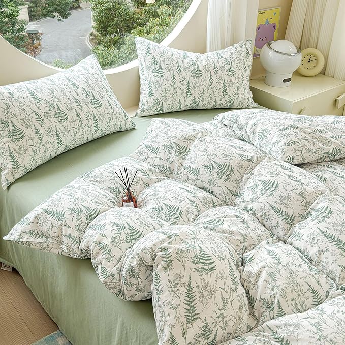 LifeTB Muslin Duvet Cover Twin XL 100% Cotton Botanical Floral Comforter Cover Ultra Soft Cottagecore Bedding Set Lightweight Linen Feel Textured Breathable Gauze Duvet Cover with 2 Pillowcases