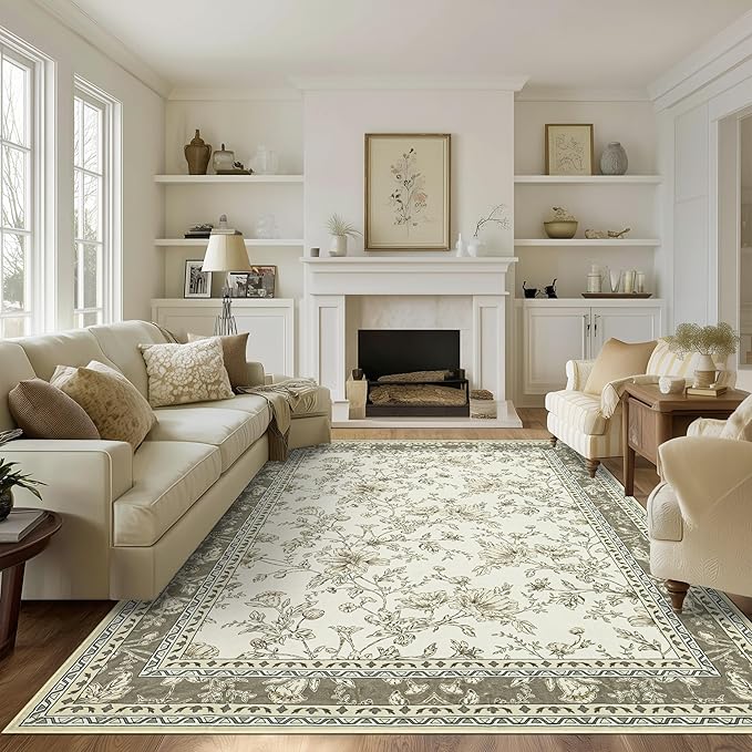Extra Large Beige Taupe Area Rug for Living Room 10x14, Floral Dining Room Rugs for Under Table, Washable Soft Non Slip Low Pile Carpet for Large Bedroom Light Tan Khaki Floral Design 10 x 14