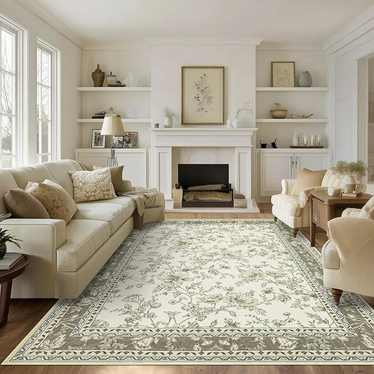 Extra Large Beige Taupe Area Rug for Living Room 10x14, Floral Dining Room Rugs for Under Table, Washable Soft Non Slip Low Pile Carpet for Large Bedroom Light Tan Khaki Floral Design 10 x 14