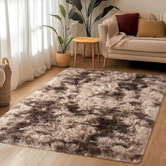5x7 Shag Area Rug - Fluffy Fuzzy Nursery Kids Girls Room Rug - Soft Plush Furry Bedside Carpet - Tie-Dyed Brown
