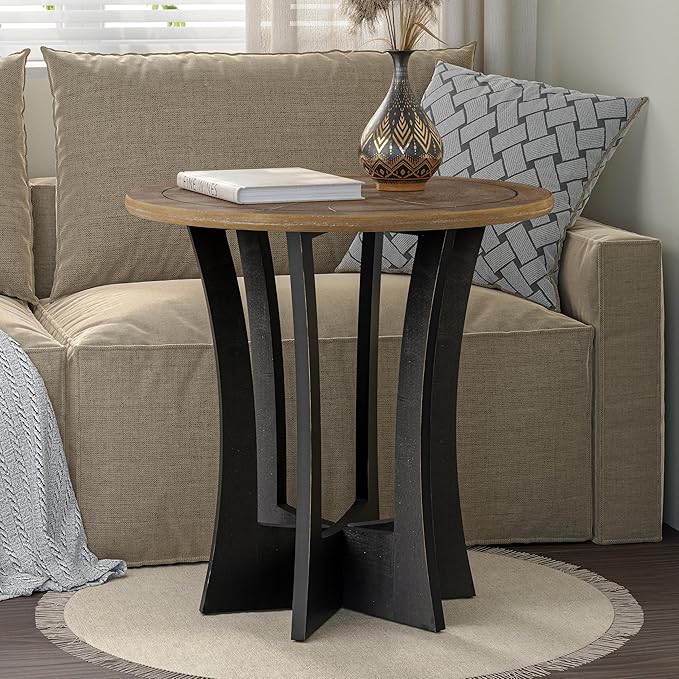 COZAYH Farmhouse Round End Table with Criss-Cross Wood Legs, Rustic French Country Side Table for Dinning or Living Room, Modern, Black, Natural Wood