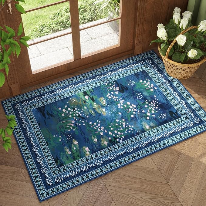 Rugcomf 2x3 Rug Impressionist-Style Vintage Indoor Door Mat Machine Washable Small Area Rug Non-Slip Low Pile Throw Rugs for Entryway Kitchen Front Door Indoor Entrance Entry Kids Room, Blue
