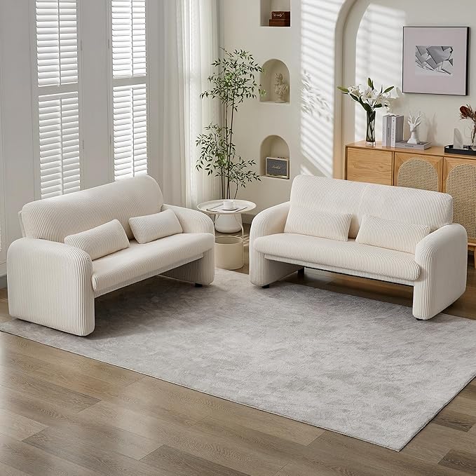 56'' Corduroy Loveseat Sofa, 2 Seater Love Seat Couch for Small Space, Comfy Upholstered Modern Leisure Loveseat Couches with Lumbar Pillows for Bedroom, Office, Living Room, White