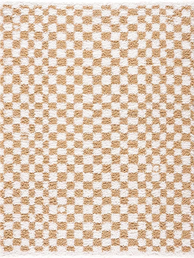 BoutiqueRugs Kieu Modern Checkered Shag Runner Rug - High Pile Fluffy Shag Carpet for Hallway, Nursery, Playroom, Girls Boys Room - White, Yellow - 2'7" x 7'3" (2x8)