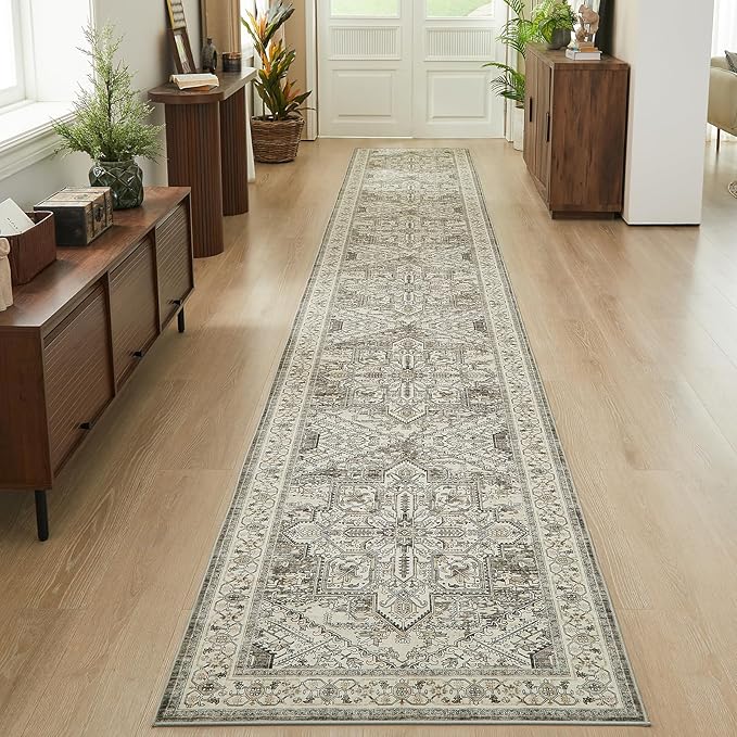 WITSHOCK 3x20 Extra Long Runner Rug for Hallway: Washable Boho Low Pile Stain Resistant Foldable Floor Carpet for Bedroom Entryway Bathroom Kitchen, Distressed Farmhouse Rug, Brown/Lvory, 36″x240″