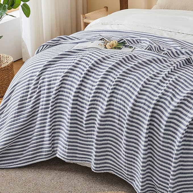 EMME Cotton Muslin Twin Blanket Breathable Gauze Soft Lightweight Adults Gifts for Women (Striped Navy, 60"x80")