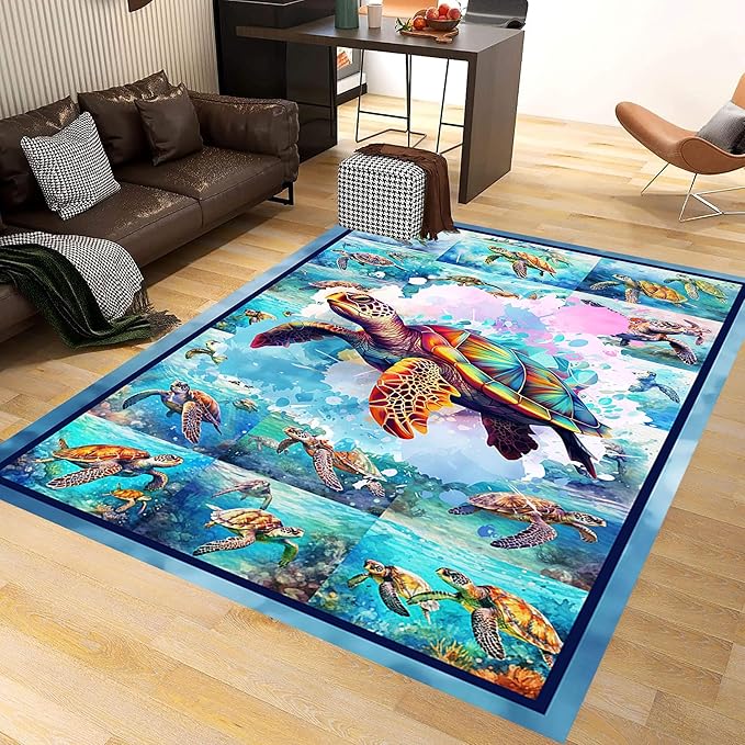 Turtle Area Carpet, 6x8ft, Colorful Ocean Themed Sea Turtle Floor Rugs, Blue Underwater Painting Rugs for Home Decoration, Fade Resistant Soft Foldable Mats for Dorm Family Entrance