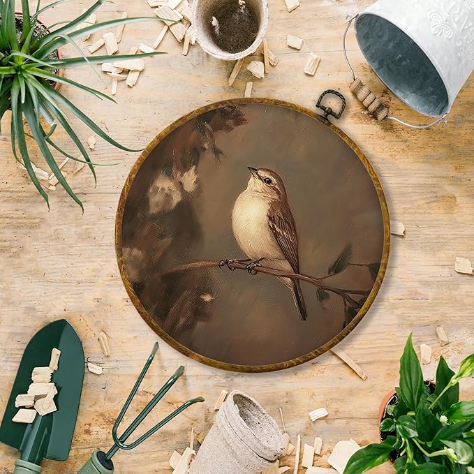 Hiuwevt Vintage Moody Bird Round Wall Art Decor, Dark Cottagecore Bird Framed Canvas Prints, Rustic Birding on Branch Round Wall Hanging Decor for Home Bedroom Living Room Decorations, 10x10 Inches