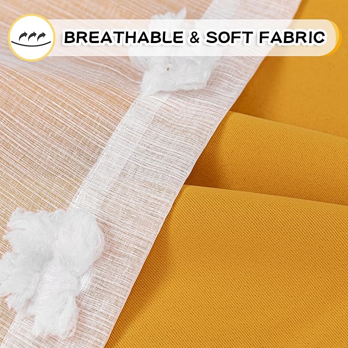 MYSKY HOME Extra Long Double Layer Curtains for Bedroom Princess Curtains for Daughter Room 95 Inches Long Pom Pom Sheer Curtains with Grommet Yellow Blackout Curtains for Living Room 52 x 95 Inch