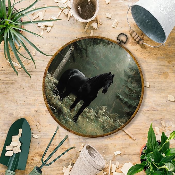 Hiuwevt Vintage Black Horse Round Wall Art Decor, Rustic Farmhouse Horse Framed Canvas Prints, Cottagecore Forest Animal Round Wall Hanging Decor for Home Bedroom Living Room Decorations, 10x10 Inches