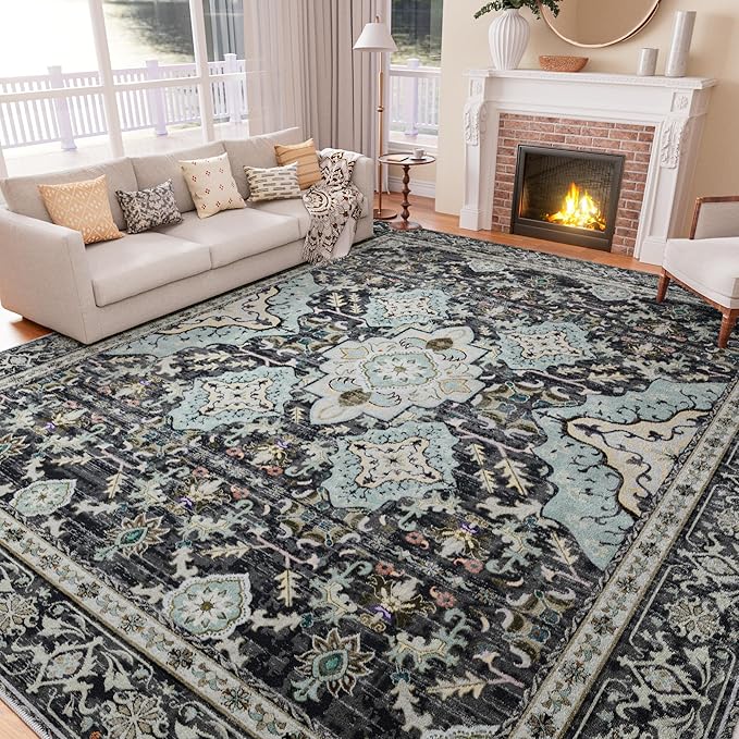 AMTOVO 6x9 Washable Area Rugs for Living Room, Non-Slip Boho Vintage Accent Medallion Print Pattern Carpet for Bedroom Dining Room Home Office Nursery Dorm Farmhouse, Grayish Blue
