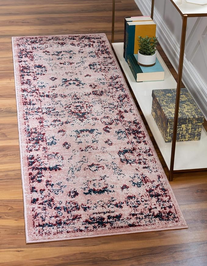 Rugs.com Charleston Collection Rug – 6 Ft Runner Pink Low-Pile Rug Perfect for Hallways, Entryways