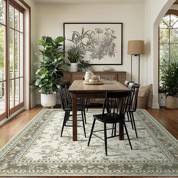 Boho Dining Room Rugs for Under Table 7x9 Washable Taupe Cream Beige Tan Floral Design Sketch Style Area Rug for Living Room, Low Pile Non-Slip for Bedroom Under Bed Aesthetic Boho Farmhouse Decor