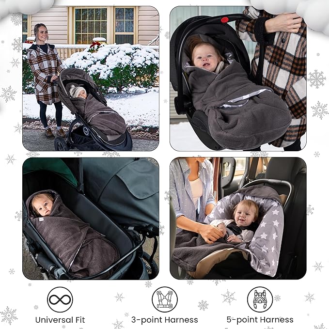 Car Seat Blankets for Babies Winter - Stroller Footmuff Carseat Cover Baby 5 Point Harness - Swaddle Bunting Bag (Grey)