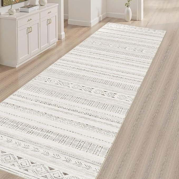 Boho Hallway Runner Rug 2.6x10: Soft Machine Washable Moroccan Farmhouse Runner for Entryway Kitchen Laundry - Non-Slip Morden Indoor Rug for Bedroom Bathroom - Light Brown/Cream