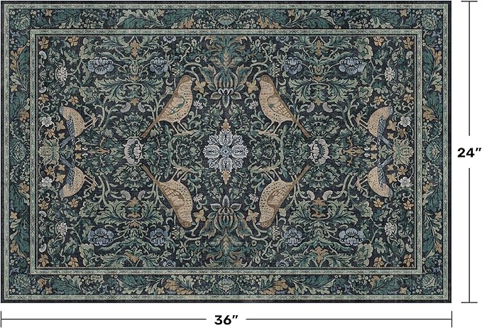 Washable Floral Small 2x3 Dark Blue Entryway Rugs Indoor, Botanical Bird Kitchen Floor Mats, Non-Slip & Soft Boho Carpet for Bathroom, Low Pile Stain Resistant Throw Rugs Bedroom