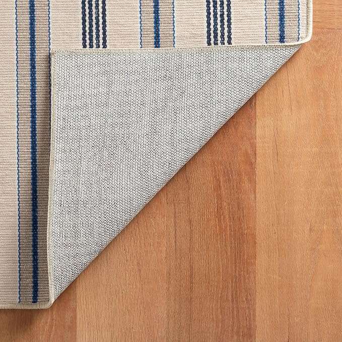 Dash & Albert Nimes Ticking Neutral Machine Washable Rug, 7.5 X 9.5 Feet, Blue Stripe Pattern