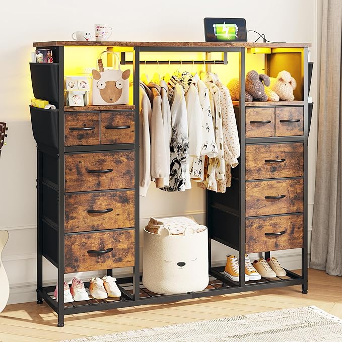 51.2" H Dresser with Hanging Rack, 10 Drawers Dresser for Bedroom, Fabric Chest of Drawers with LED Lights & Charging Station, Wooden Top & Sturdy Frame, Brown