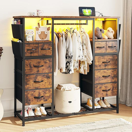 51.2" H Dresser with Hanging Rack, 10 Drawers Dresser for Bedroom, Fabric Chest of Drawers with LED Lights & Charging Station, Wooden Top & Sturdy Frame, Brown