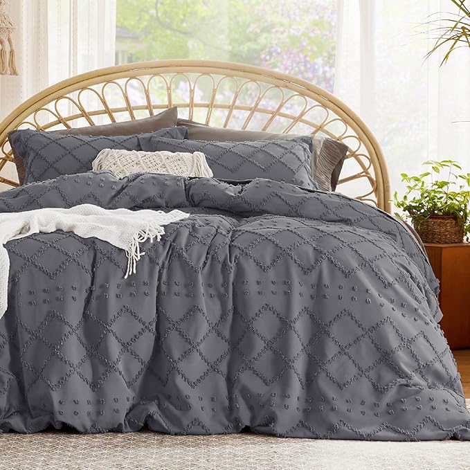 Bedsure Boho Twin Duvet Cover Size - Dark Grey Breathable & Soft Boho Bedding, Machine Washable Comforter Cover for All Seasons, Includes 1 Duvet Cover 68"x90" with 1 Pillow Sham & Zipper Closure