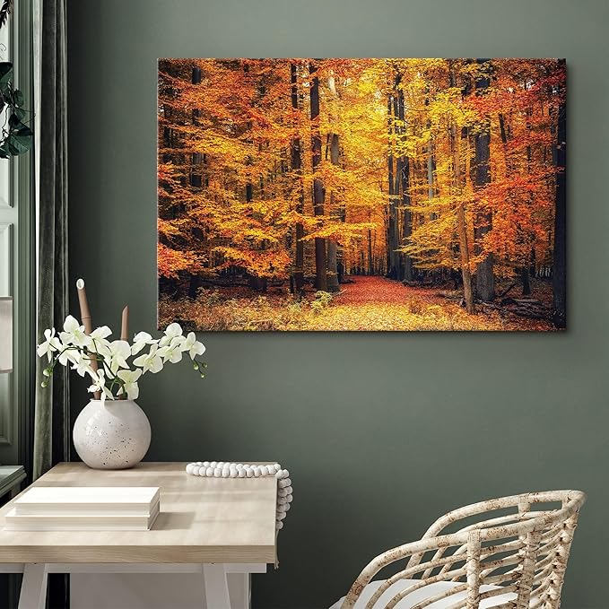 SIGNWIN Canvas Print Wall Art Golden Red Autumn Tree Leaf Forest Trail Nature Wilderness Photography Rustic Landscape for Living Room, Bedroom, Office - 32x48