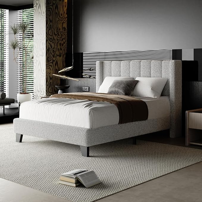 Full Bed Frame with Headboard Upholstered Platform Bed Frame with Teddy Velvet Headboard, Wooden Slats Support/Wing Edge Design/No Box Spring Needed/Easy Assembly, Grey Full