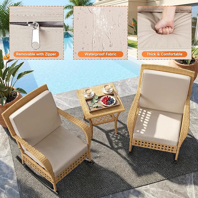 DECMICO Outdoor Rocking Chair, 3 Pieces Wicker Rocking Bistro Set with Rattan Table, Rattan Rocking Chairs with Washable Cushions, Outdoor Wicker Chair for Garden Backyard Porch Poolside