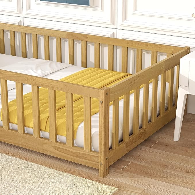 Bellemave Twin Size Floor Bed Frame with Fence and Door for Kids, Montessori Floor Bed with Slats and Safety Guardrails,Solid Wood Twin Bed Frame for Girls Boys,Natural