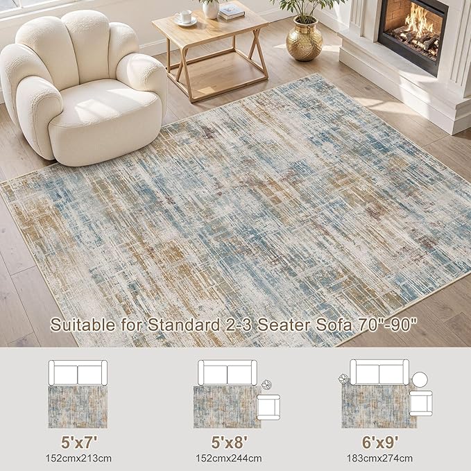 Area Rug for Living Room: 6x9 Washable Neutral Abstract Modern Soft Rugs Non Slip Indoor Floor Stain Resistant Large Carpet for Bedroom Dining Room Office Nursery - Blue Brown