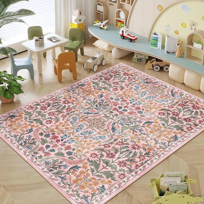 5x7 Washable Area Rug for Living Room, Floral Non-Slip Non-Shedding & Easy Care, Soft Low Pile Forest Boho Indoor Floor Carpet for Living Room, Bedroom, Farmhouse, Dining Room, Kids Playroom, Pink
