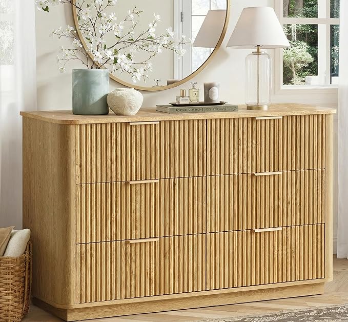 win2win 6 Drawer Dresser, Mid Century Modern Dresser with Storage, 47" Wide Fluted Chest of Drawers with Faux Marble Top, Dressers TV Stand, Drawers Organizer for Bedroom, Living Room, Hallway, Oak