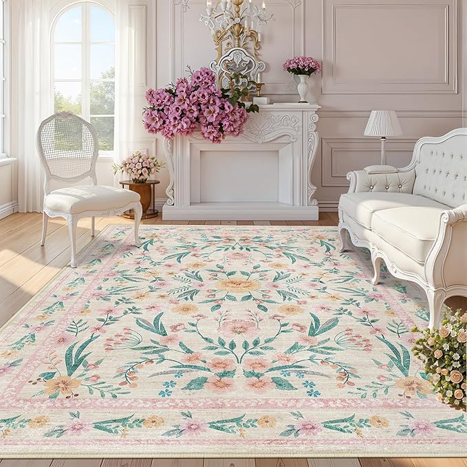 9x12 Pink Floral Washable Rug for Girls Bedroom,Soft Boho Area Carpet for Living Room, Nursery, Playroom, Non-Slip & Easy to Clean