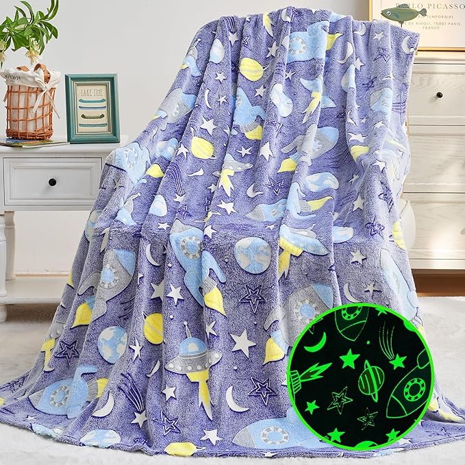 inhand 2 3 4 5 6 7 8 9 10 11 12 13 Year Old Boy Birthday Gifts, Glow in The Dark Space Planet Galaxy Soft Blanket for Boys Cute Kids Throw Blanket Funny Stars Blanket Boys Room Decor (50"x60"Space)