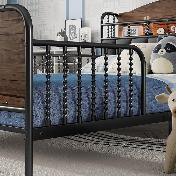 Ball & Cast Full Size Toddler Bed W/LED Light,Metal Bed W/Linen Fabric Upholstered Storage Headboard,Platform Bed Frame W/Safety Guardrails & Low Profile Design,for Boys Girls,Black