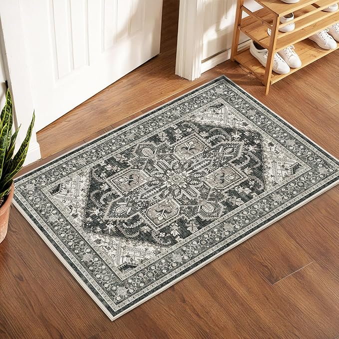 WITSHOCK Indoor Door Rug, Entrance Mat 2x3 Machine Washable Non Slip Backing Mat Soft Foldable,Vintage Rugs Mats, Inside Floor Door Carpet, Bitter Black