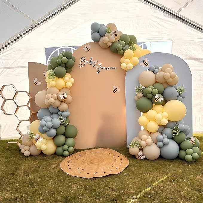 Sage Green Dusty Blue Yellow Balloons Set, 60Pcs 12 Inch Olive Green Macaron Yellow Slate Blue White Sand Cream Latex Balloons for Birthday Wedding Baby Shower Wild One Party Deocrations Supplies
