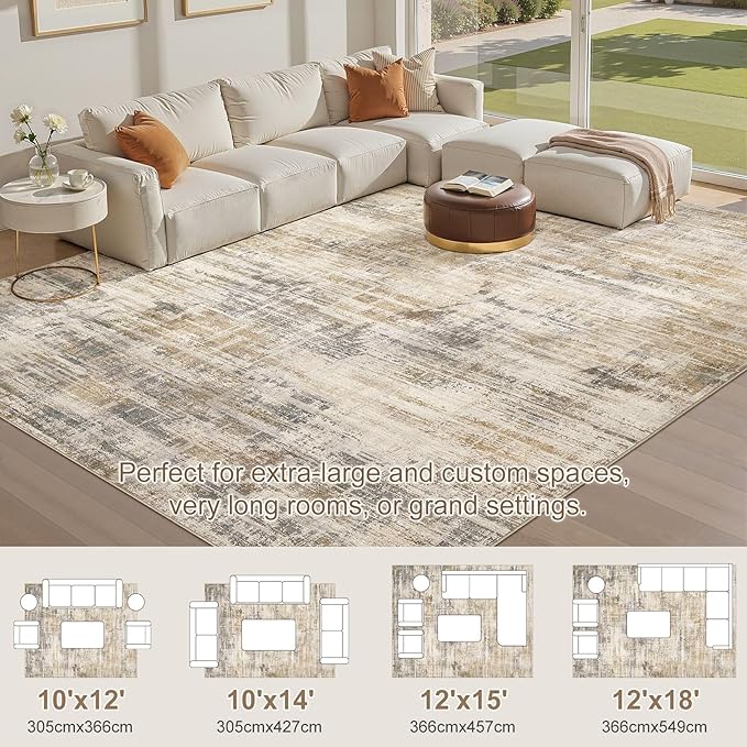 Area Rug for Living Room: 10x12 Washable Neutral Abstract Modern Soft Rugs Non Slip Indoor Floor Stain Resistant Large Carpet for Bedroom Dining Room Office Nursery - Golden Brown